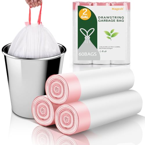2 Gallon Small Trash-Bags Drawstring Bathroom - White Mini Garbage Bags 60 Count Plastic Unscented 7.5L Tiny Waste Basket Liners Kitchen Office Car Strong Thick Bulk Magesh - color: Drawstring-2Gal60