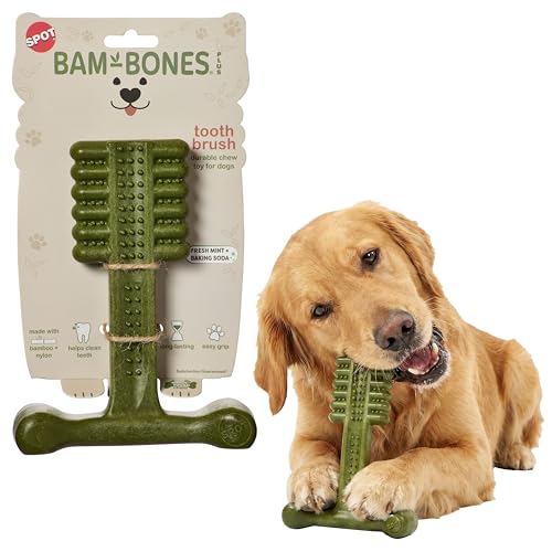 SPOT Bam-Bones Plus Toothbrush Dog Chew Toy for Large Dogs 60-90 lbs, Bamboo & Nylon Dental Chew with Mint & Baking Soda, T-Bone Shape for Moderate to Heavy Chewers, 7 Inch - size: 7 Inch (Pack of 1)