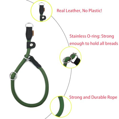 Braided Round Martingale Dog Collar, Training Collar with Slidable Stop Ring and Adjustable Stopper - Ideal for Small Dogs (S(1/4") - 14" Long, Dark Green) - color: Dark Green, size: S(1/4") - 14" Long with stopper