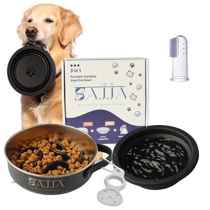 Black Slow Feeder Travel Dog Bowl Set – 30oz Stainless Steel + 20oz Collapsible Silicone Dish + Silicone Slow Feeder Insert | Water Bottle Holder | Non-Slip, Anti-Choking, BPA-Free – Claim - color: Slow feeder Black Bowl