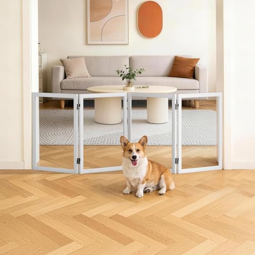 VINGLI Clear Acrylic Freestanding Dog Gate, Transparent Pet Fence with Solid Hardwood and Plastic Board, Pet Gates for Christmas Tree Stairs and Doorways (4 Panels) - size: 4 Panels