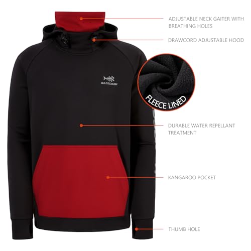 BASSDASH Men’s Fishing Fleece Hoodie with Neck Gaiter Water Resistant Performance Hunting Sweatshirt FS18M - color: Black/Red, size: 4X-Large