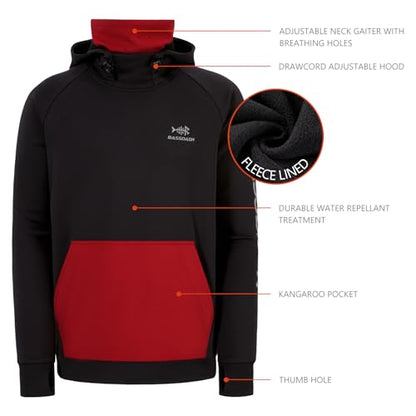 BASSDASH Men’s Fishing Fleece Hoodie with Neck Gaiter Water Resistant Performance Hunting Sweatshirt FS18M - color: Black/Red, size: 4X-Large