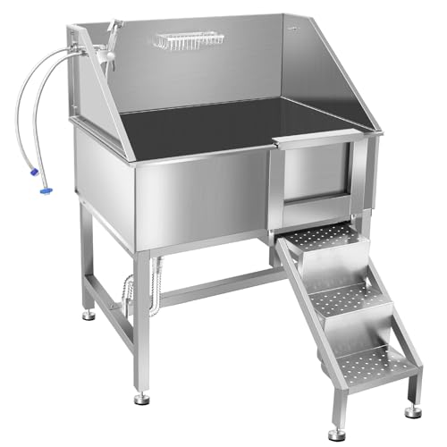 38" Dog Bathing Station, Professional Dog Washing Station Stainless Steel Dog Grooming Tub for Home,Equipped with Three Anti-Slip Steps, Removable Door, Pet Wash Station for Pet,R-RAMP - color: R-RAMP