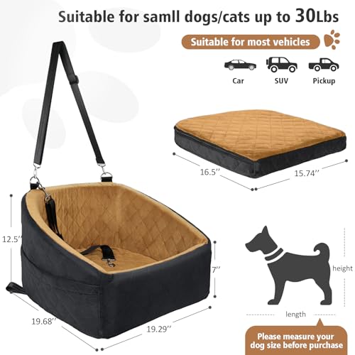 NEEZUKAR Dog Car Seat for Small Medium Dogs,Detachable Washable Dog Booster Seat Under 30lbs, Pet Car Seat Travel Bed with Storage Pockets and Dog Safety Belt(Black/Brown) - color: Black/brown