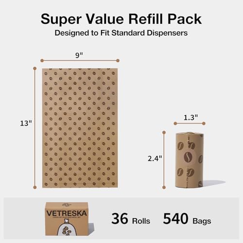 VETRESKA Dog Poop Bags, 540 Count Coffee Scented Waste Bags, Leak Proof, Extra Thick, 9" x 13" Large Dog Pet Bags for Dogs and Cats - (36 Rolls) - size: 1 Count (Pack of 540), style: coffee
