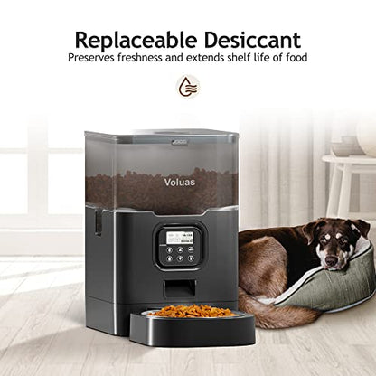 VOLUAS Automatic Cat Feeders - Pet Dry Food Dispenser with Timer, Automatic Cat Feeders with Desiccant Bag, Programmable Portion Size Control 4 Meals Per Day, 10s Voice Recorder | Programmable Portion Control, Up to 4 Meals Daily, Dual Power Supply, Power