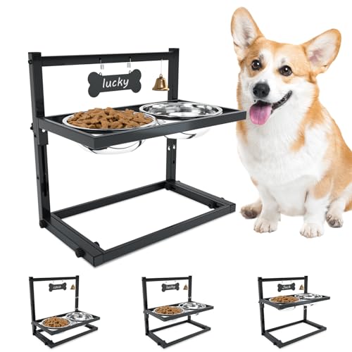 SHAINFUN Elevated Dog Bowls for Medium Dogs and Cats - Raised Cat or Dog Bowl Stand with Adjustable Height and Two Stainless Steel Food Bowls - Ideal for Medium and Small Dogs and Cats - size: small and medium dogs