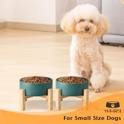 SPUNKYJUNKY Ceramic Elevated Dog Bowls 2 Pack - 5.1inch Raised Dog Bowls with Non-Slip Wooden Stand for Small Dogs Dishwasher Safe(Green,13.5OZ*2) - color: Green, size: Small - 1.7 CUPS*2