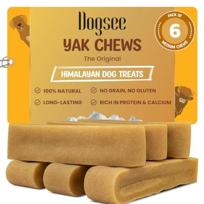 Dogsee Yak Cheese Himalayan Dog Chews 1lb (Medium - 6 Bars), 100% All Natural, 60% Protein, Dog Treats Medium Breed, Yak Chews Long Lasting for Aggressive Chewers, Raw Hide Free - size: Medium (Pack of 6)