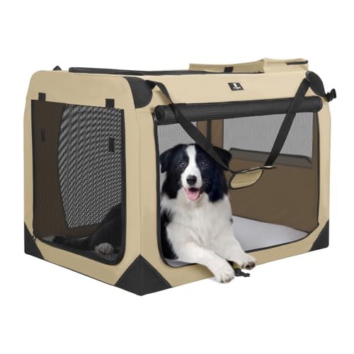 X-ZONE PET Dog Crate 3-Door Kennel, Collapsible Portable Soft Sided Pet Carriers for Indoor & Outdoor, Multiple (36-Inch, Rice White) - color: Rice white, size: 36-Inch