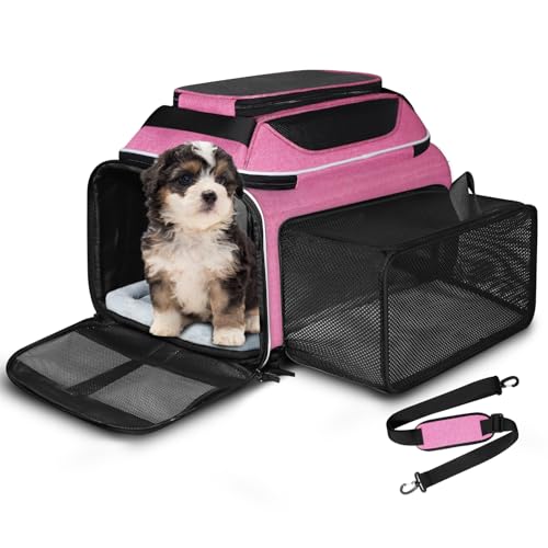 Petskd Top and Side Expandable Pet Carrier 18x11x11 Inches Delta United Airline Approved, Soft-Sided Carrier for Small Cats and Dogs with Locking Safety Zippers and Anti-Scratch Mesh(Pink) - color: Pink, size: 18.0"L x 11.0"W x 11.0"H