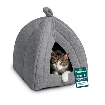 FurHaven Cat Bed Cave for Indoor Cats & Small Dogs, Washable & Foldable Pet Tent with Removable Cushion, Small, Polar Fleece, Heather Gray