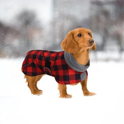 Dachshund Coats Waterproof Suitable for Dachshunds Sausage Weiner Dog Winter Coat Padded Fleece Puppy Snowsuit with Adjustable Bands Reflective Stripe - Plaid Red - M - color: Plaid Red, size: Medium