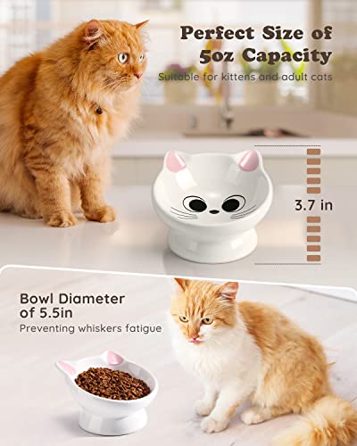 Raised Cat Food Bowl Ceramic 15° Tilted Cat Food Bowls Protect Cat's Spine Anti Vomiting Backflow Prevention Bowls for Adult Kitty, Kitten, and Small Dogs, Pink - color: Pink Ears