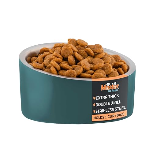 Master Pet Supply Stainless Steel Slanted Dog Cat Food Bowl - 8 oz Heavy Duty - Emerald Sea, Double Wall Insulated, Non-Slip Elevated Bowl for French Bulldogs Pugs Cats, Anti Rust Dishwasher Safe - color: Emerald Sea, size: 1 Cup (8 oz)