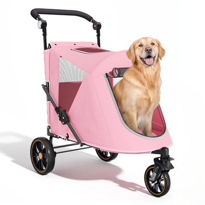 Magshion Pet Stroller for Medium Dogs w/Adjustable Handle, 3-Wheel Dog Cat Wagon w/Dual Entry, Rear Storage, Breathable Mesh, One-Foot Brake, Ideal for Large Pets up to 55 lbs, Pink - color: Pink, style: Up to 55 lbs