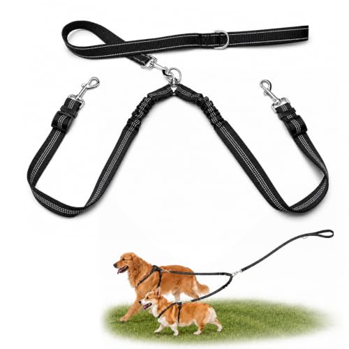 Double Dog Leash for Two Dogs, Complete Set with 31.5" Main Leash + Adjustable Splitter, Padded Handle, D-Ring, 360° Swivel, Shock-Absorbing Bungee, Reflective for Small Medium Large Dogs (Black) - color: Black