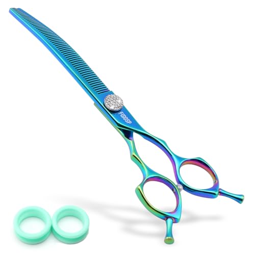 Professional Curved Thinning Shears Dog Grooming Scissors 7.5'' Blue Green Curved Thinner Scissors for Grooming Large Dogs Pet 56 Teeth Japan 440C(Curved Thinner,Turquoise) - color: Turquoise, size: 7.5 in Curved Thinners