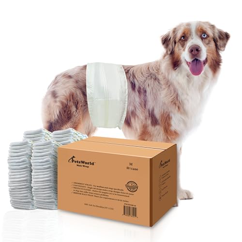 PetsWorld Dog Diapers Male Medium - 50 Count Disposable - Super Absorbent, Fur-Friendly Belly Bands with Wetness Indicator - Adjustable Dog Wraps for Incontinence & Training (Waist 18-25 in) - size: Medium