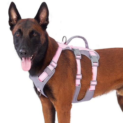 Huntboo Reflective Dog Harness with Handle, Escape Proof, No Slip, Breathable, Lightweight, Adjustable Lift Harness for Small, Medium, and Large Dogs Walking, Training, and Running Gear(Light Pink,L) - color: Light Pink, size: Large (Pack of 1)