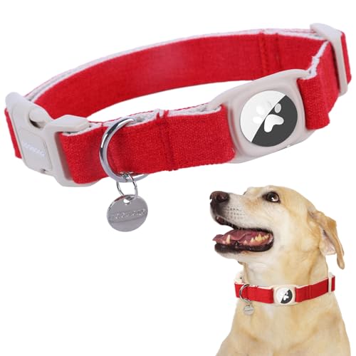 DOGWONG Airtag Cotton Hemp Dog Collar, Heavy-Duty Dog Collar with Airtag Holder Christmas Red Natural Fabric Cute Puppy Necklace for Small Medium Large Dogs - color: Red, size: Extra Small