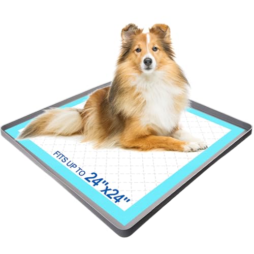 Pee Pad Holder for Dogs, Puppy Pad Tray for 24" x 24" Dog Training Pads, No Spill Silicone Mat with 4 Holder Clamps, Non-Slip Square Puppy Potty Training Tray for Indoor Floor Protection