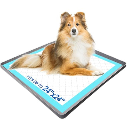 Pee Pad Holder for Dogs, Puppy Pad Tray for 24" x 24" Dog Training Pads, No Spill Silicone Mat with 4 Holder Clamps, Non-Slip Square Puppy Potty Training Tray for Indoor Floor Protection