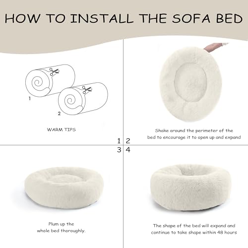 Bunlitent 39 inch Calming Dog Bed, Donut Dog Bed for Large Sized Dog, White | Plush Anti-Anxiety, Donut Shape, Warming Cozy, Round Cuddler Nest, Soft Cute,Marshmallow Cuddler Nest Pet Bed - color: White, size: 39"L x 39"W x 8"Th