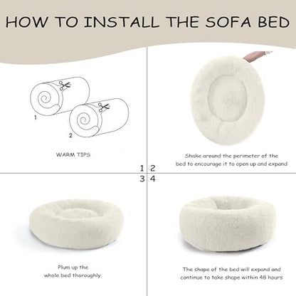 Bunlitent 39 inch Calming Dog Bed, Donut Dog Bed for Large Sized Dog, White | Plush Anti-Anxiety, Donut Shape, Warming Cozy, Round Cuddler Nest, Soft Cute,Marshmallow Cuddler Nest Pet Bed - color: White, size: 39"L x 39"W x 8"Th