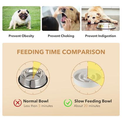 Havniva 1.6 Cup Elevated Slow Feeder Dog Bowls, 8.2” Dog Slow Feeding Bowls + 7.3” Ceramic Dog Water Bowls Set with Acacia Wood Stand Dog Food Bowls Puzzle Feeder for Medium Dogs Non-Slip Anti-choking - color: 2 x White + Stand - A, size: L- 8.2inch / 1.6