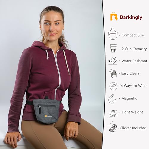 Barkingly. Dog Treat Pouch for Pet Training with Clicker. No Spill Magnetic Closure, 4 Ways to Wear, Detachable Waist Belt and Clip, Durable, One Handed Training, Waterproof Body. Treat Bag Pouches.