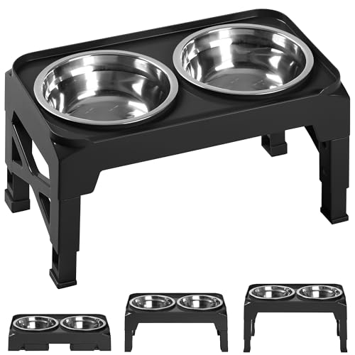 Hubulk Elevated Dog Bowls with 2 Stainless Steel Dog Food & Water Raised Bowls with No Spill Edge Non-Slip Stand Adjusts to 3 Heights(2.75", 6.0", 7.5") for Small Medium Dogs and Pet - color: Black, size: S (6" for Small Dogs)