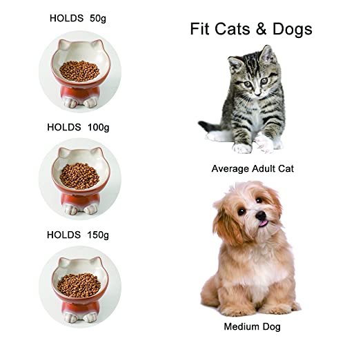 Nihow Elevated Cat Bowls,6 Inch Ceramic Raised Cat Food and Water Bowl Set | Slanted,Whisker Friendly,for Protecting Pet's Spine,Microwave & Dishwasher Safe ,Elegant Brown,6.8 OZ - color: Brown, size: 6.8 OZ+15.5 OZ