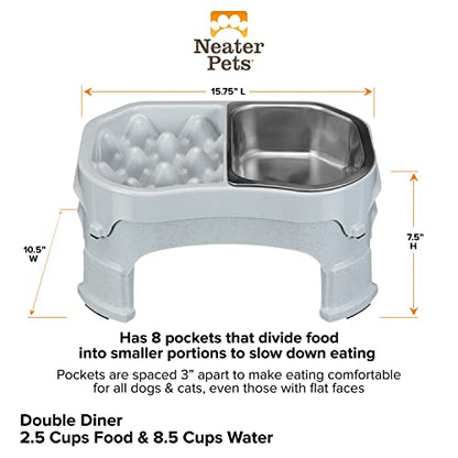 Neater Pet Brands – Neater Raised Slow Feeder Dog Bowl – Elevated and Adjustable Food Height - (Double Diner/w Metal Bowl, Vanilla Bean)