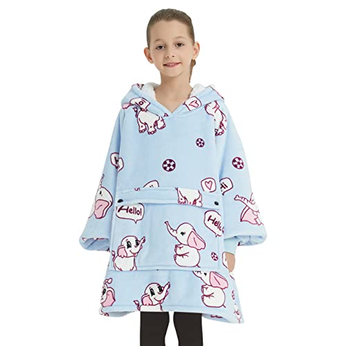 KFUBUO Wearable Blanket Hoodie for Kids Sherpa Patterns Oversized Sweatshirt Blanket With Pocket 6-10 Year Old Girl Boy Birthday Gifts Elephant - color: Printing-elephant, size: Kids 6-10YR