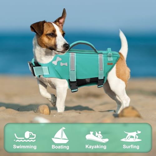 EMUST Dog Life Vests, Adjustable XS Dog Life Jacket with Rescue Handle, Puppy Flotation Vest for Small/Medium/Large Dogs, XS, Turquoise - color: Turquoise, size: XS