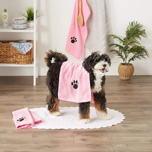 Pet Grooming Kit with Deshedding Brush, Shampoo Dispenser Brush, Bath Gloves & Microfiber Towel - Dog & Cat Bathing Supplies for Shedding Control & Coat Care (Pink)