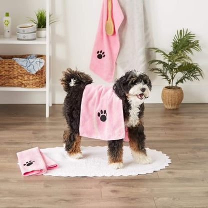 Pet Grooming Kit with Deshedding Brush, Shampoo Dispenser Brush, Bath Gloves & Microfiber Towel - Dog & Cat Bathing Supplies for Shedding Control & Coat Care (Pink)