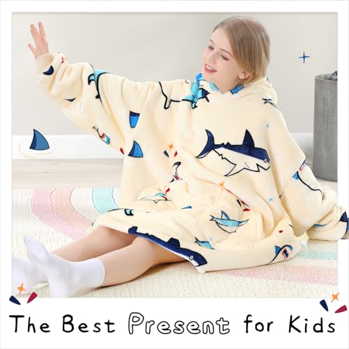 Aemicion Kids Wearable Blanket Hoodie-Shark Plush Hooded Blanket with Pockets, Cozy Fleece Sherpa Blanket as Gift for Boys Girls - color: Big Shark/Kids, size: Kids