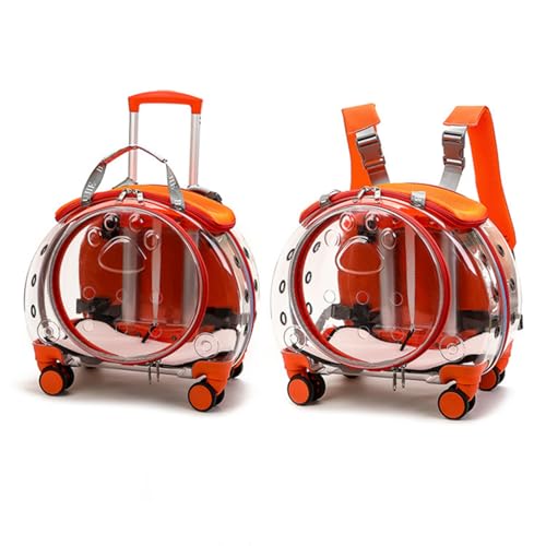 Cat Carrier with Wheels, Transparent Bubble Cat Carrier with Ventilation Holes and Telescopic Handle, 2 in 1 Design, Pet Trolley & Backpack, Portable Dog Crate for Traveling, Walking Orange - color: Orange