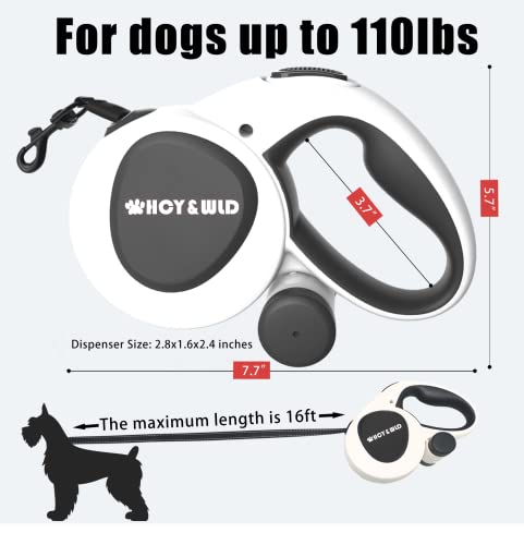 HCY&WLD Upgrade 3-in-1 Retractable Dog Leash with Integrated Dispenser & Poop Bags, 16 ft Heavy Duty Dog Leash with Anti-Slip Handle for Dogs up to 110 lbs, 360° Tangle-Free, One Button Brake & Lock