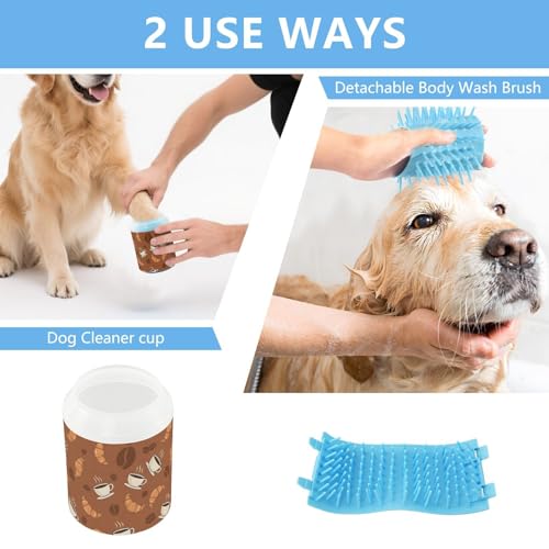 Breakfast Coffee Brown Print Dog Paw Cleaner Cup with Soft Silicone Brush, Portable Lightweight Small Muddy Paw Washer for Dogs, Easy to Use Pet Foot Cleaner