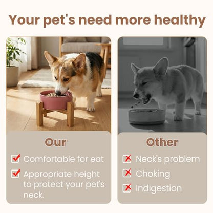 hjn Elevated Ceramic Dog Bowl with Bamboo Stand, Raised Pet Feeding Station for Small Medium Dogs Cats, Modern Design with Anti-Slip Base (Deep Pink, 3.6Cup) - color: Deep Pink, size: 3.6Cup