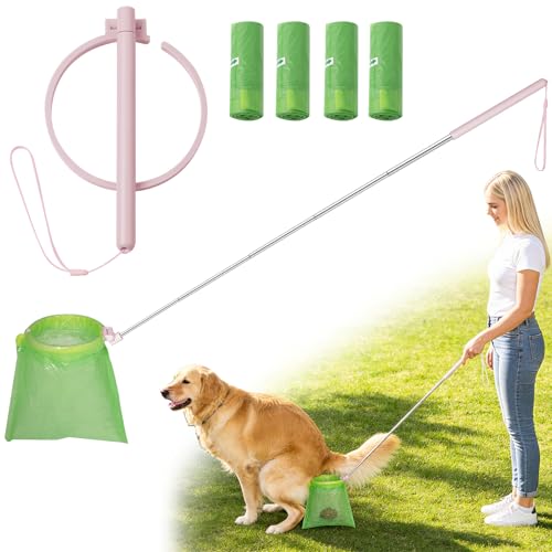 Dog Pooper Scooper, 43" Extendable Pooper Scooper Long Handle with 120 Bags | Portable Poop Scoop for Small Medium Large Dogs, No Touch, Stainless Steel, Lightweight, Foldable, Suit Yard,Wild, City, Park - color: Pink