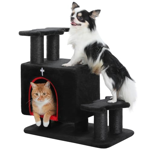 Gothic 3-in-1 Dog Stairs & Cat Scratching Post with Condo - Pet Steps for High Beds, Sofa & Couch, 3-Tier Cat Tower with Sisal Scratching Pad for Small Dogs, Cats & Kittens, Black - color: Black