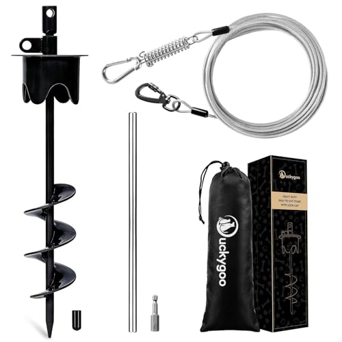 Dog Tie Out Cable & Stake with Lock-Cap, Heavy Duty Dog Stake for Outside with Shock Spring, 10FT Leashes for Large Dogs Rust Proof Ground Anchor up to 350 LBS, Black - color: Black, size: 17IN STAKE+10FT CABLE