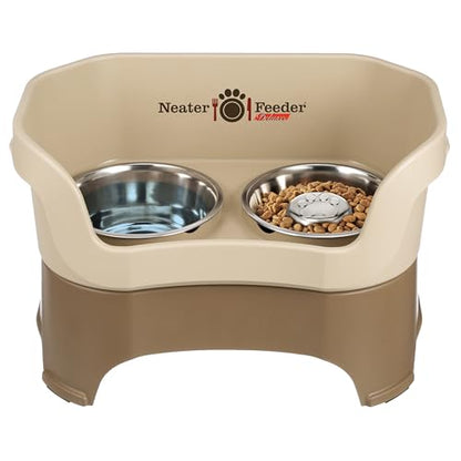 Neater Feeder Deluxe Mess Proof Dog Bowls Elevated for Large Breeds – Made in USA – No Spill Raised Slow Feeder Elevated Dog Bowl Stand, Stainless Steel Food and Water Bowl Set, Cappuccino - color: Cappuccino, size: Large with Slow Feed Bowl