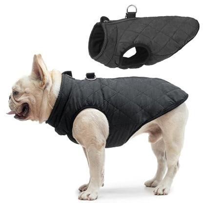 SCENEREAL Winter Dog Vest Coat with Harness Built In, Warm Puppy Jacket for Small Medium Dogs, Cold Weather Coat with Zipper, Fleece Puffer Vest Windproof Snow Clothes - color: #1 Black-Matte, size: L(Chest 19")-Regular