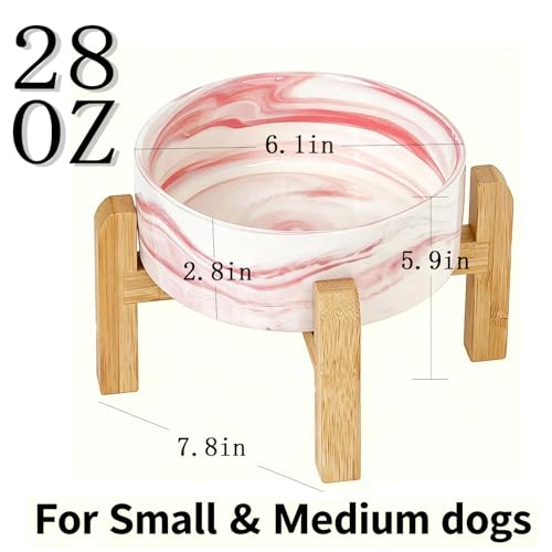 Elevated/Raised Ceramic Dog Bowl with Bamboo Stand,Marble Pattern 6 Inch 3.6 Cups Non Slip Heavy Weighted Single Pet Dish, for Small Medium Breed & Cats,Reduces Neck Strain Marble Pink - color: Marble Pink, size: 3.6 Cups - Medium